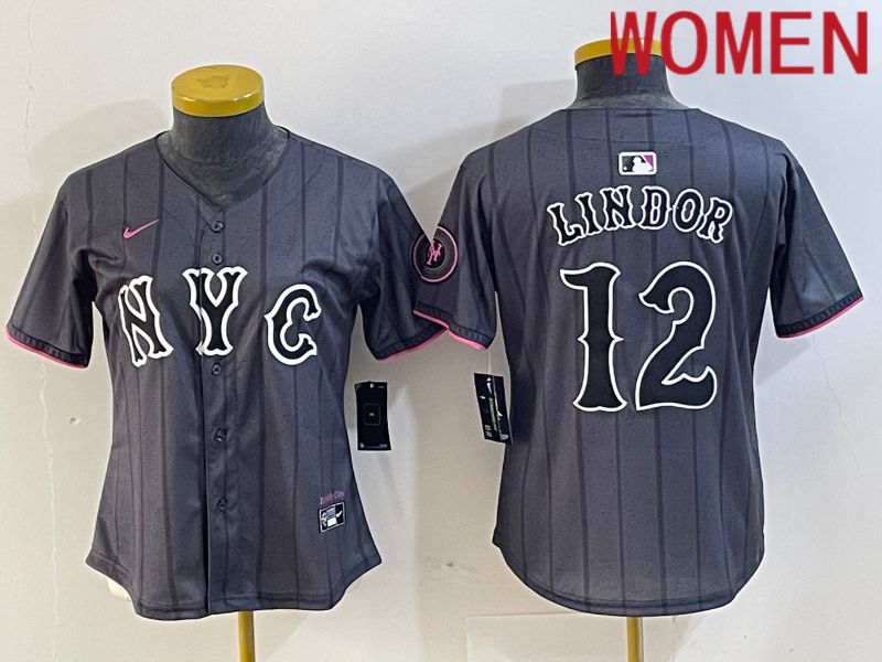 Women New York Mets #12 Lindor Black City Edition 2024 Nike MLB Jersey style 1